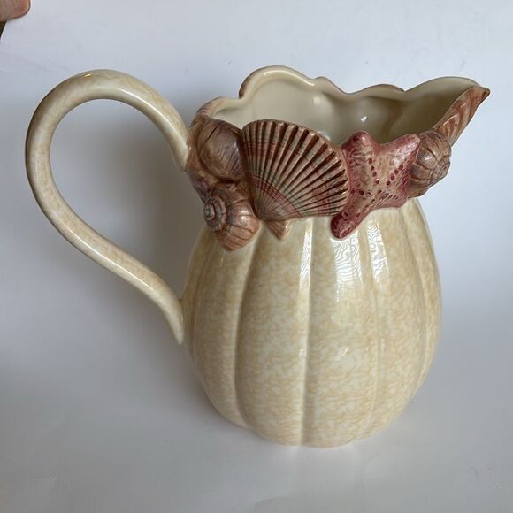 Vintage Fitz & Floyd Omnibus Seashell Pitcher Tan Pink Shell 64 Oz - Picture 5 of 11